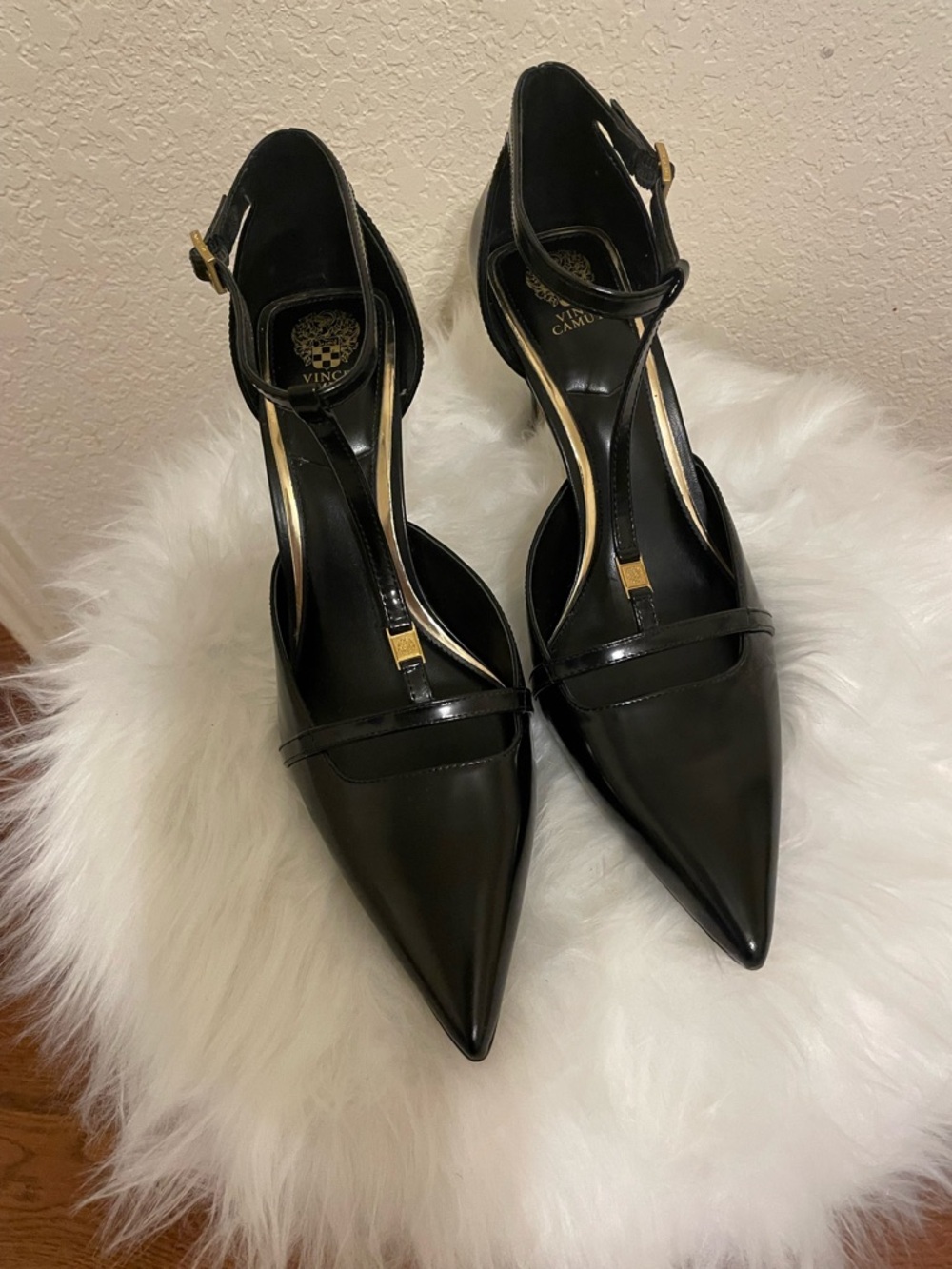 Vince Camuto Black Pointed T-Strap Heels with Gold Accents